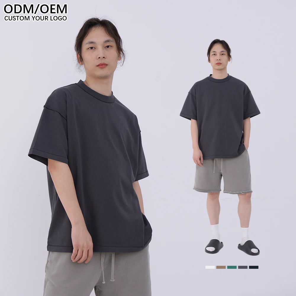 YQ Street Style Custom logo Screen Print 230gsm Cotton Reverse Cut Neck Washed Tee Damaged Neck  t Shirt