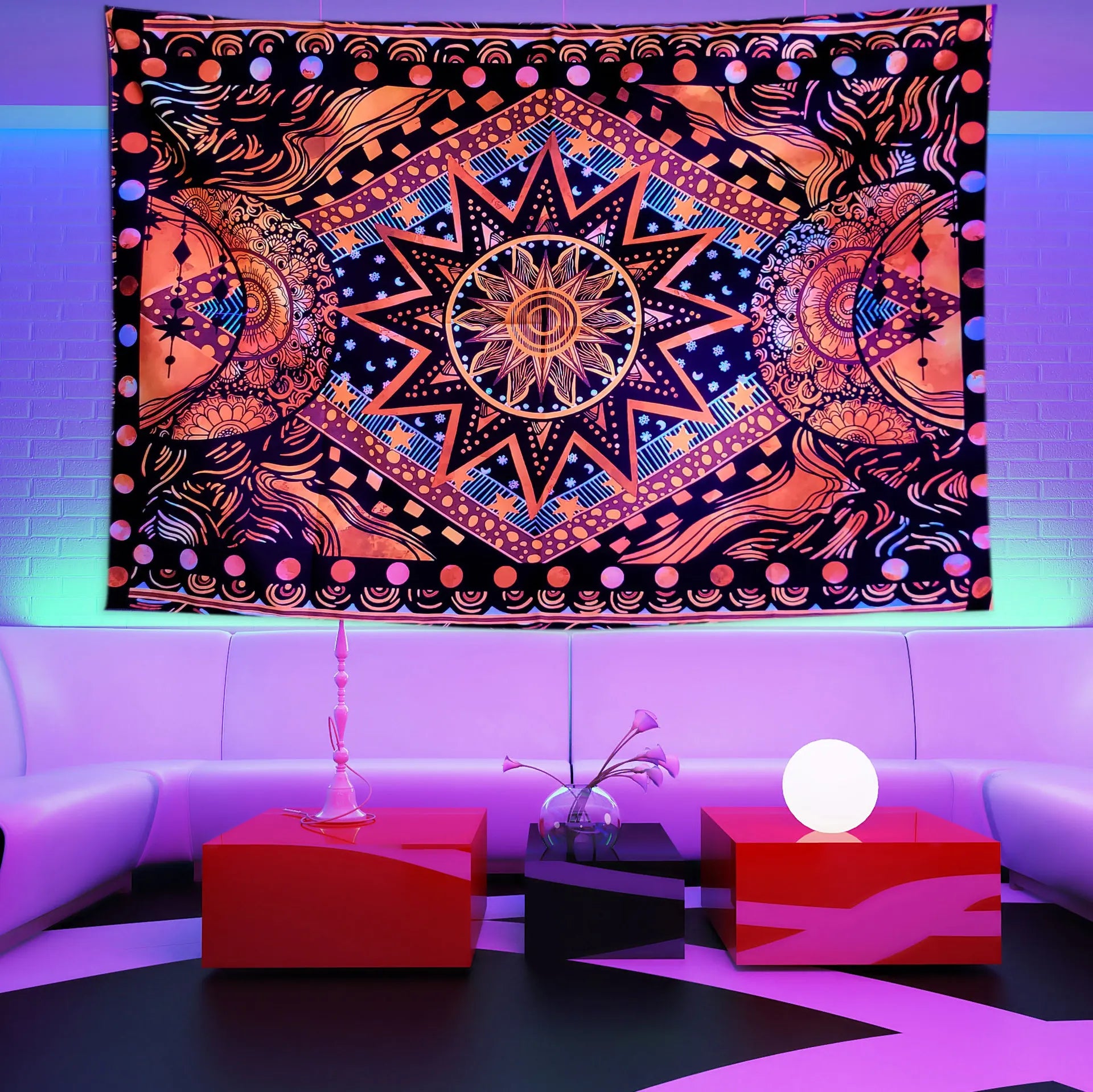 Fluorescent Tarot Wall Hanging Tapestry Glows Under UV Light Psychedelic Sun Moon Home Decor Night Luminous Mandala Tapestries