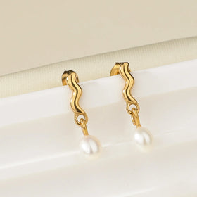 Fashion Romantic Irregular Water Wave Pearl Pendant Earrings Waterproof 18k Gold Plated Stainless Steel Drop Earrings for Women