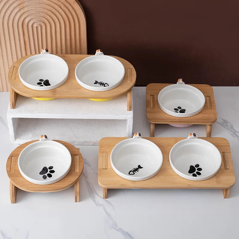 Dual-Compartment Ceramic Cat Bowl Anti-Knock Pet Dog Food Water Oblique Mouth Protective Cervical Vertebra Pet Bowls Feeders