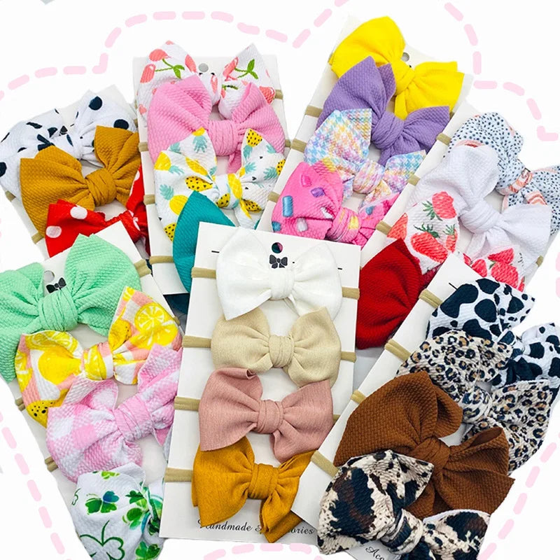 New Arrival 4Pcs/set Newborn Waffle Bow Hair Band Turban Headband Print Polka Dot Leopard Cow Fruit Waffle Bow Headbands Set