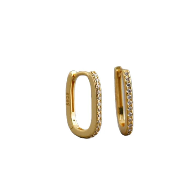 925 Sterling Silver Classic Cubic Zirconia Pave Rectangular U Shaped Oval Hoop Earrings Gold Plated Square Geometric Weddings