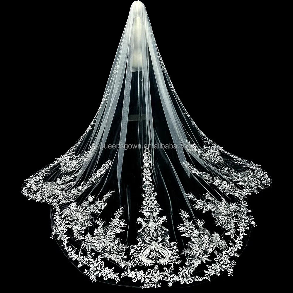 QUEENS GOWN Luxury Ivory Embroidered Lace Veil Elegant Handmade Applique Bridal Wedding Veil With Hair Comb