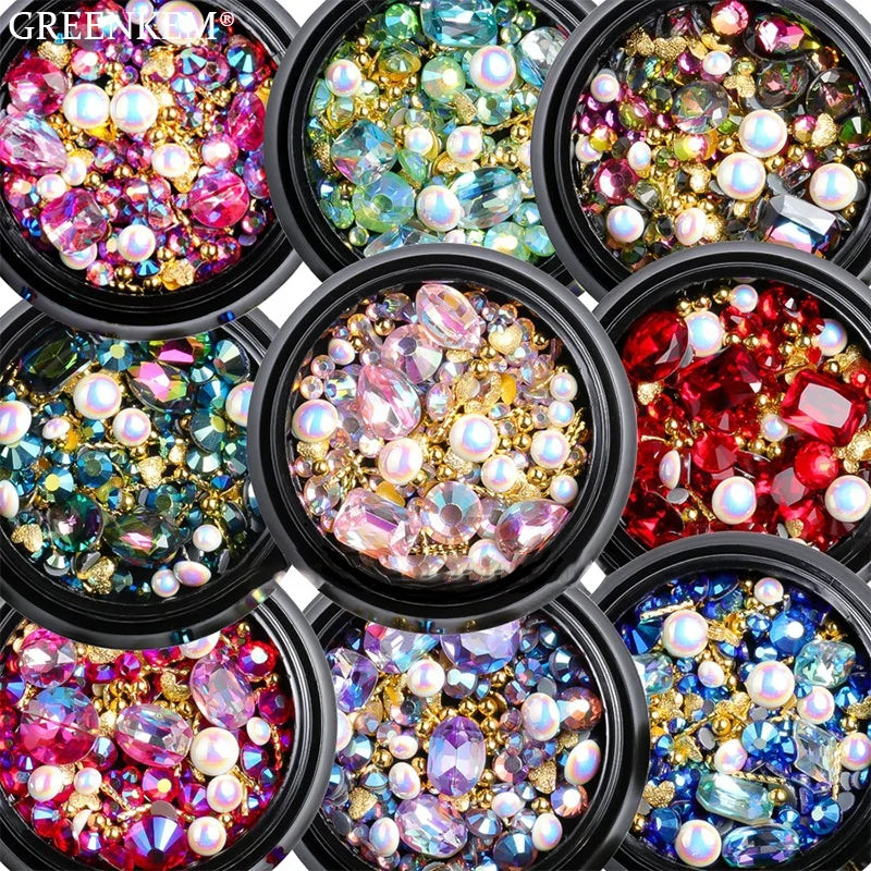 GREENKEM Mix Shapes Metal Twisted Bar Beads Frosted Heart Nail Art Rhinestones Manicure DIY Tips Pearls Glitter Diamond Nail Art
