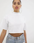 L23001 Custom T Shirt Plain Style Turtle Neck Dropped Shoulders Women Crop Top Fashion Design 100% Cotton Casual Short Tshirt