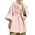 Custom Winter Fur Shawls Luxury Women Genuine Wool Ponchos Coat With Rex Rabbit Fur Collar Cuffs