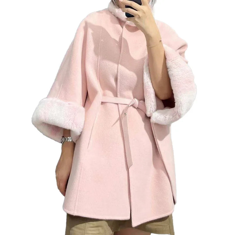 Custom Winter Fur Shawls Luxury Women Genuine Wool Ponchos Coat With Rex Rabbit Fur Collar Cuffs