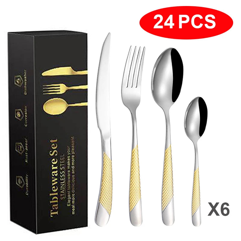 Luxury 24pcs Cutleries Modern Tablewares Custom Packaged Gold Spoon Fork Knife Stainless Steel Cutlery Set