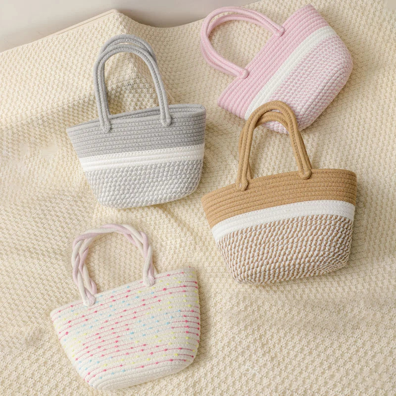 Large Capacity Cotton Rope Tote Bag with Two Handles Woven Portable Durable Reusable Basket for Travel Camping Girls' Handbag