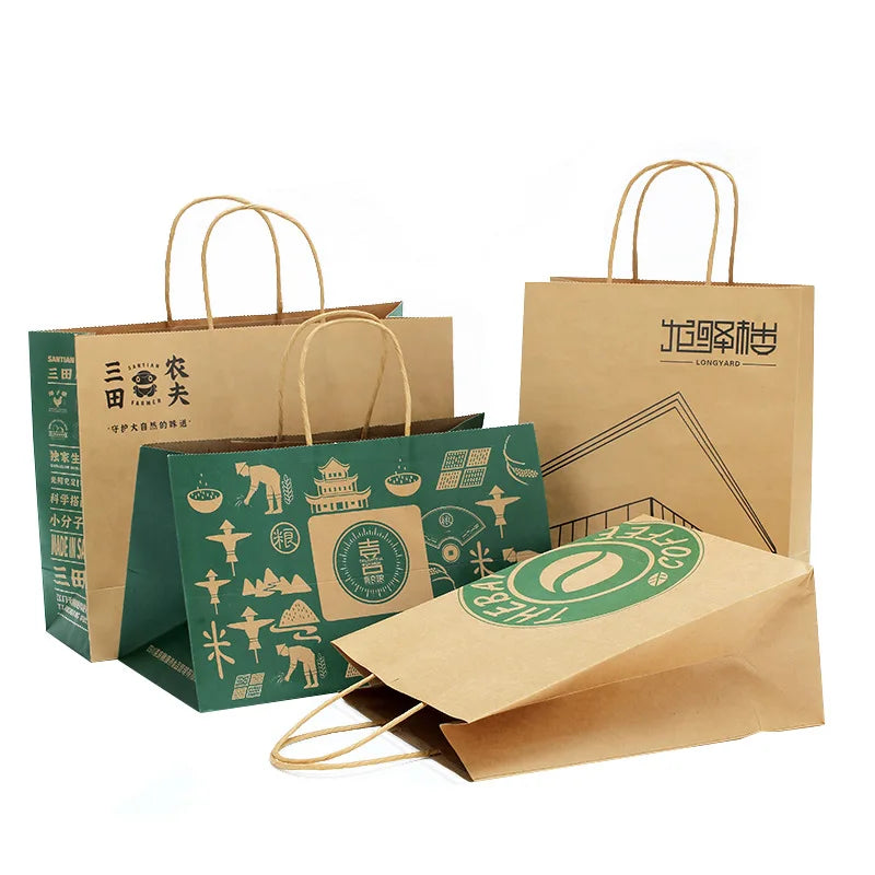 Takeaway Coffee Carry Brown Recycled Kraft Paper Bag with Flexiloop Handle Custom Logo Print and Offset Printing