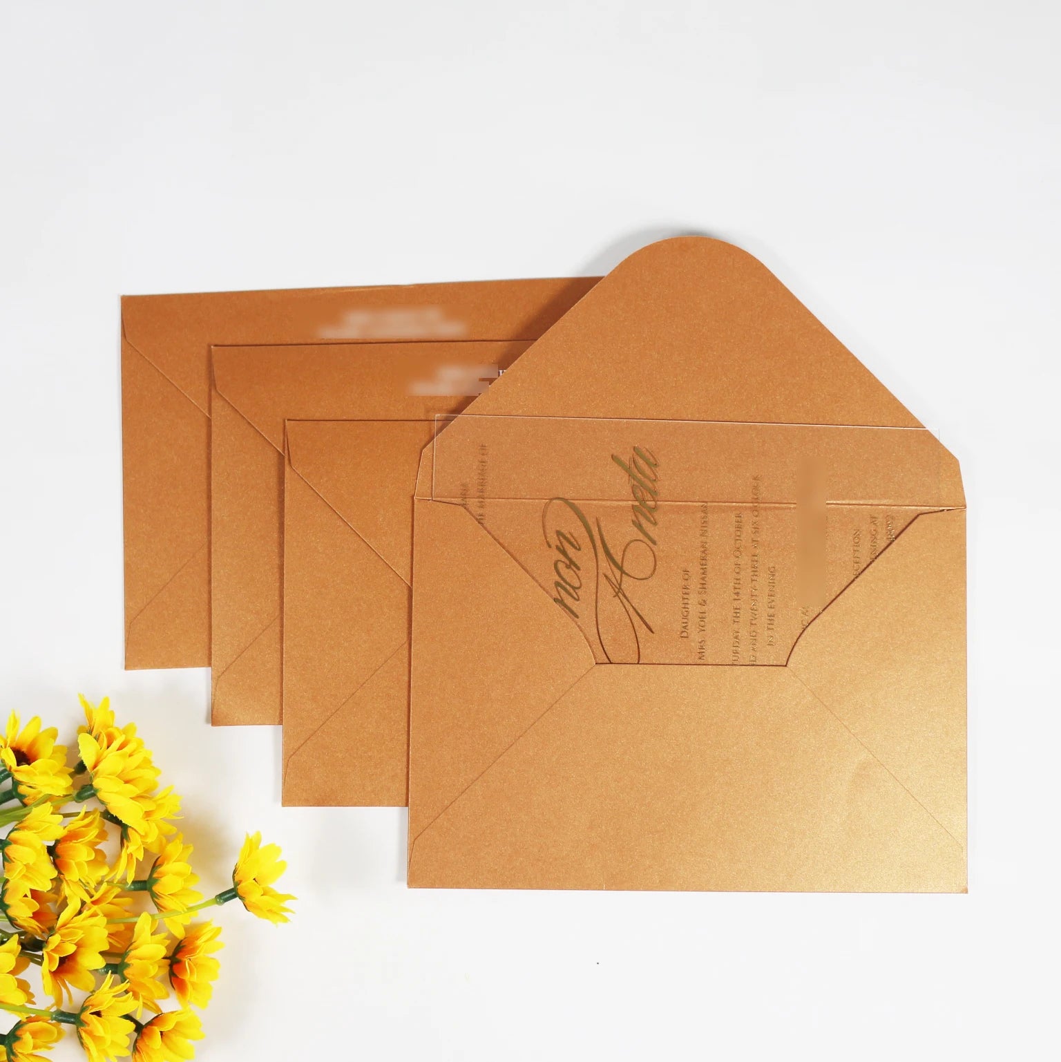 Customizable Elegant Clear Acrylic Invitation Cards Gold Foil Charming Burnt Orange Envelope Quinceanera Music Cross Paper