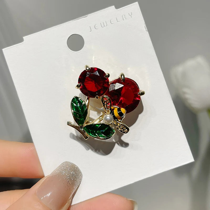 Cute Gold Plated Fruit Cherry Brooch Red Cubic Zirconia CZ Cherry Brooch Pin for Women
