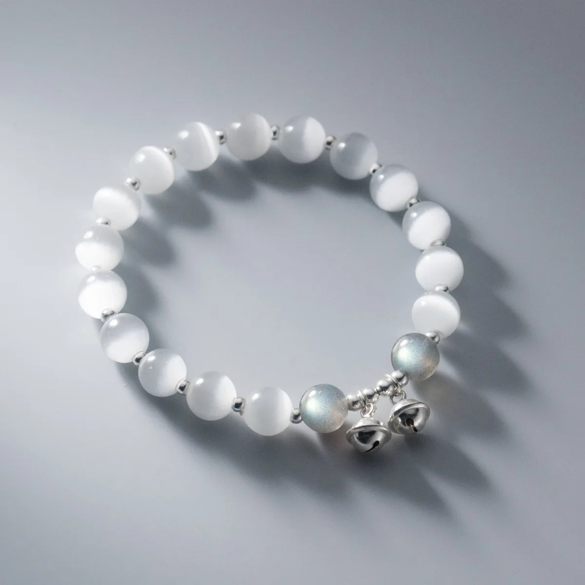 White Cat's Eye Moonstone Bracelet 925 Sterling Silver 8mm Natural Gemstone Stretch Bracelet With Bell Charm