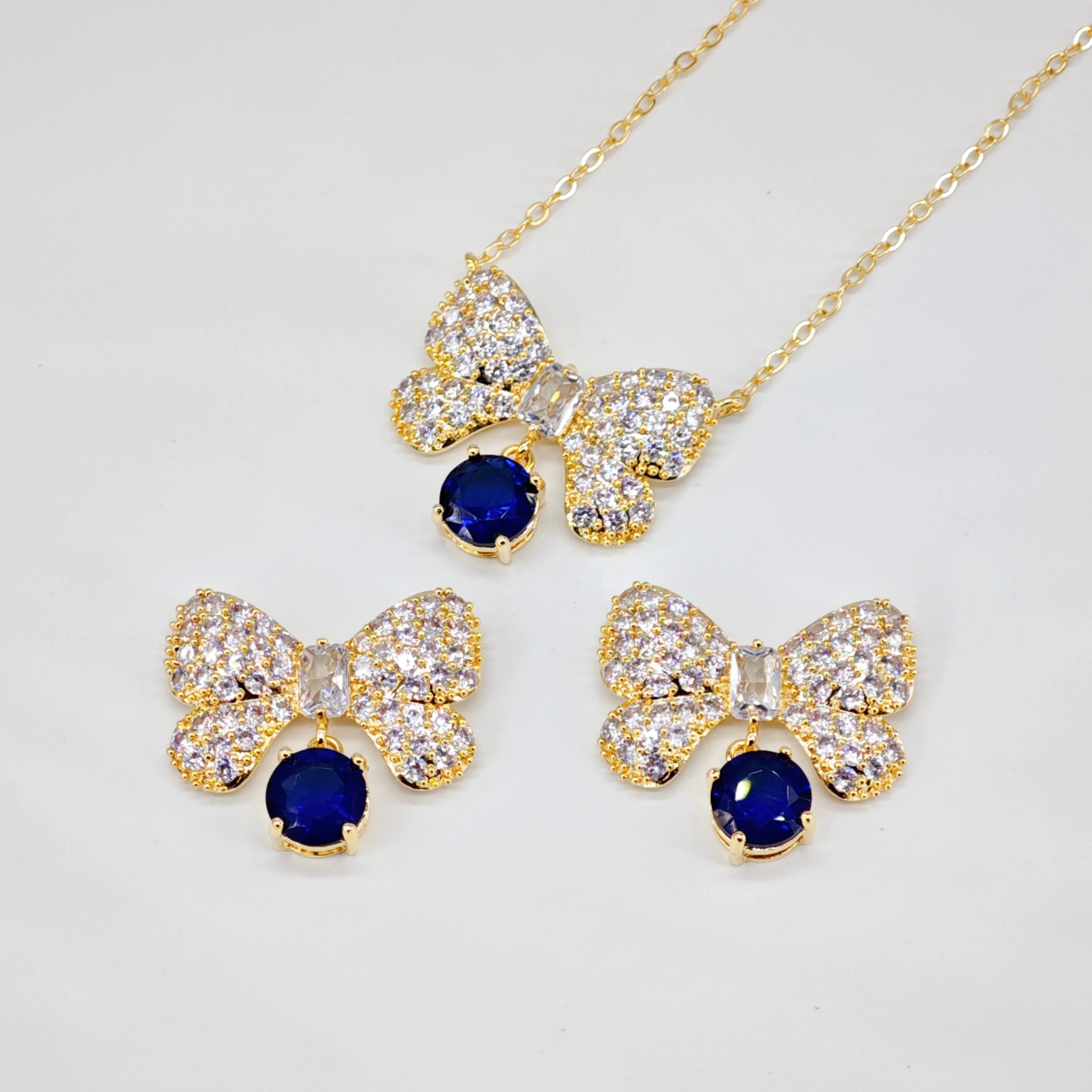 Fashionable Wedding Pave Zircon Jewelry Sets Bow Sapphire Women Pendant Earrings Necklace Jewelry Set