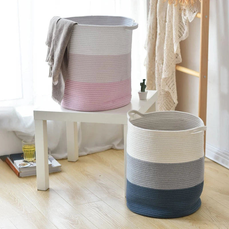 Pink Xxxl Eco-friendly Foldable Hamper Baskets Set of 2 Large Woven Cotton Rope Laundry Basket with Handles Cloth Baskets