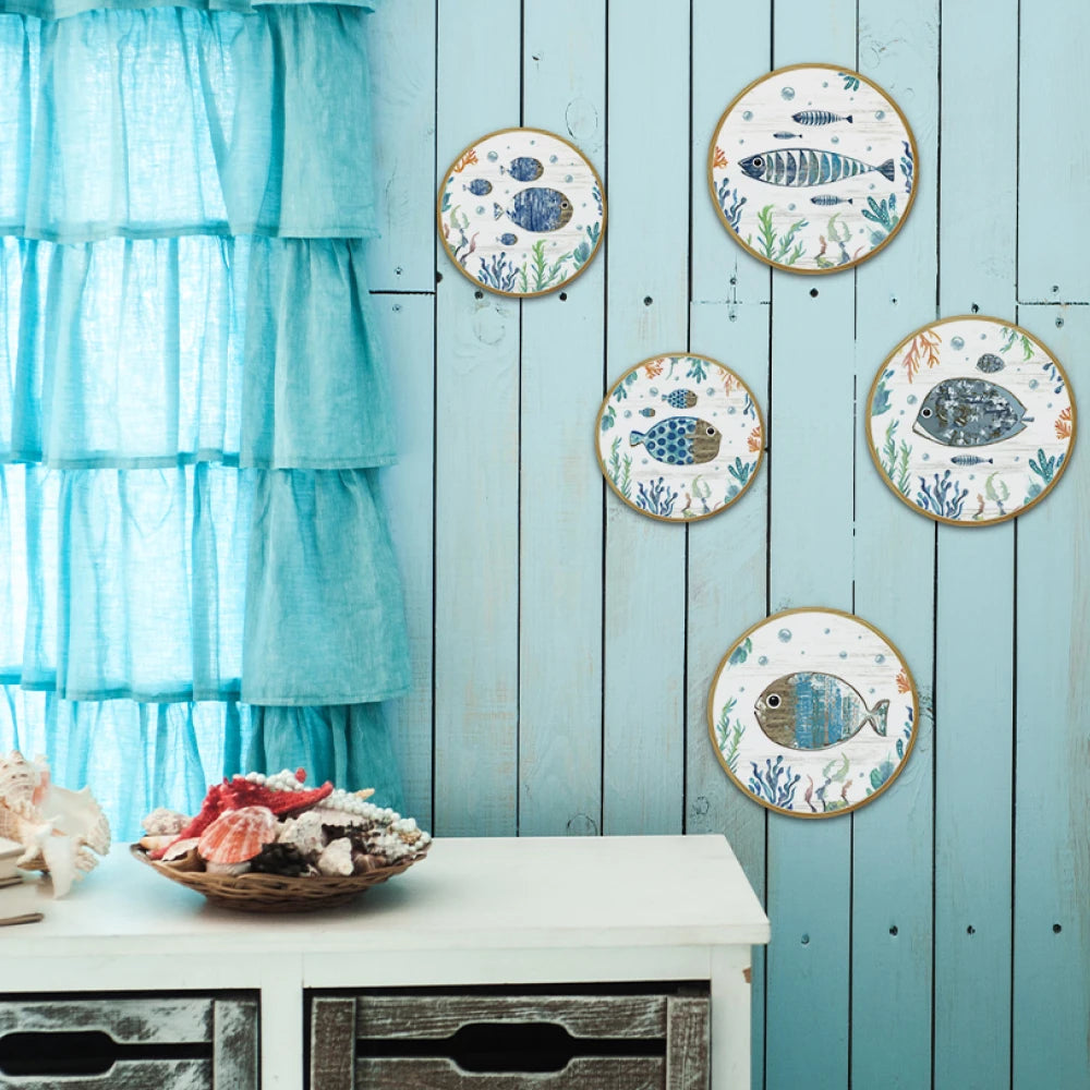 Coastal Fish Themed Summer Beach Wooden Round Wall Sign Home Decor Set with Fish and Waves Motifs