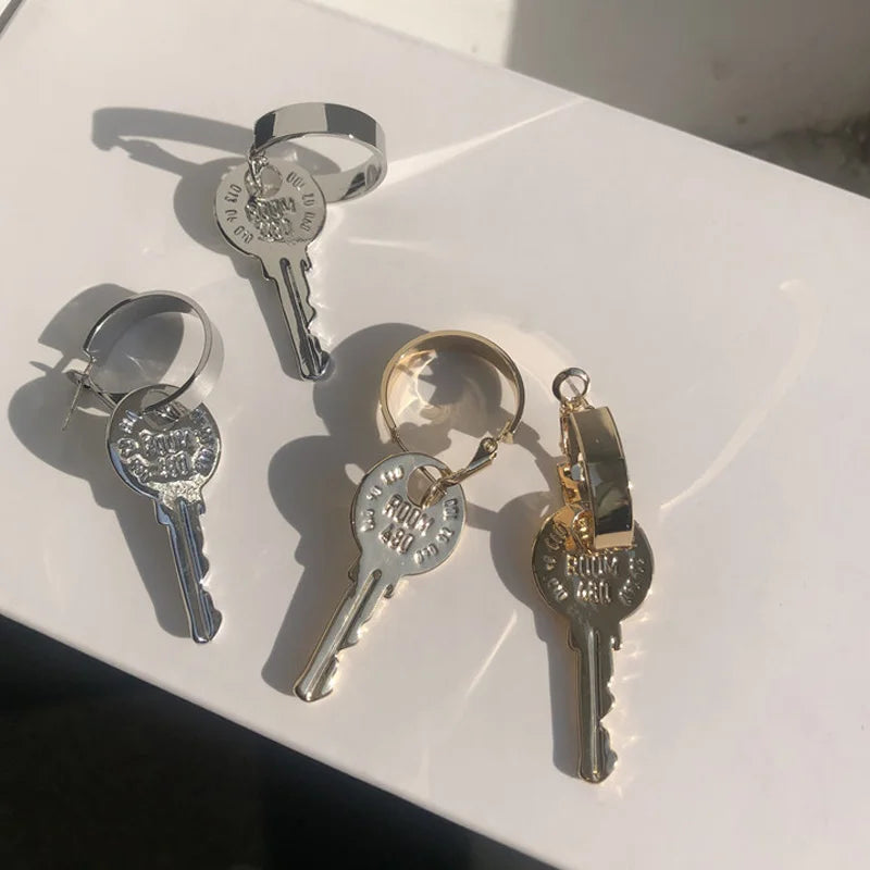 Creative Hot Sale Silver Plated Key Pendant Earring Hollow Hoop Long Key Earrings for Women Men