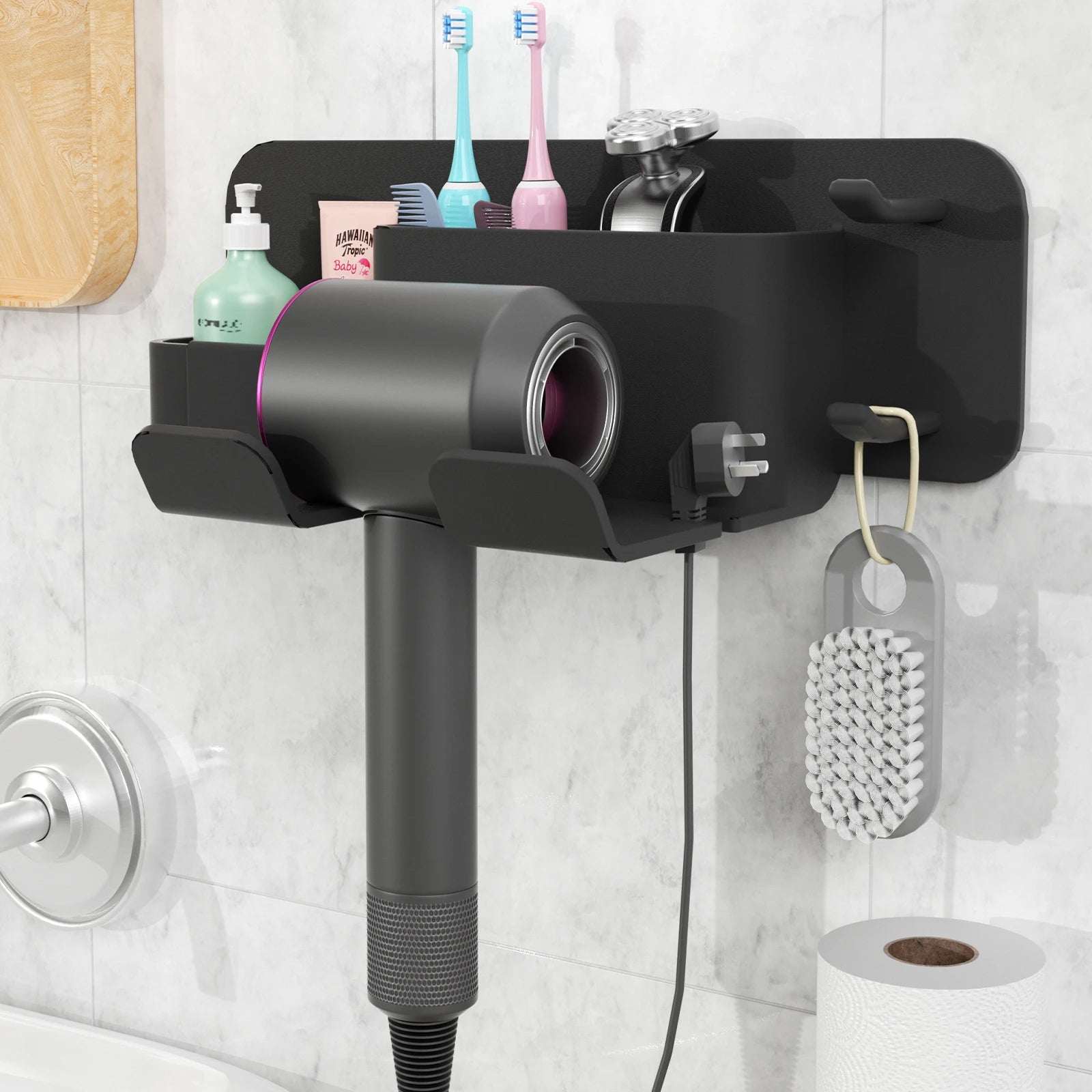 Factory Wholesale New Material Bathroom Organizer Wall Mount Stainless Steel Silicone Hair Dryer Holder with Hook