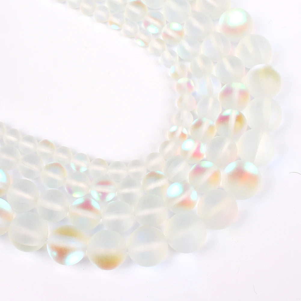 4/6/8/10MM Matte Frosted White Austrian Crystal Beads Glitter Synthesis Moonstone for Making Loose Nature Jewelry