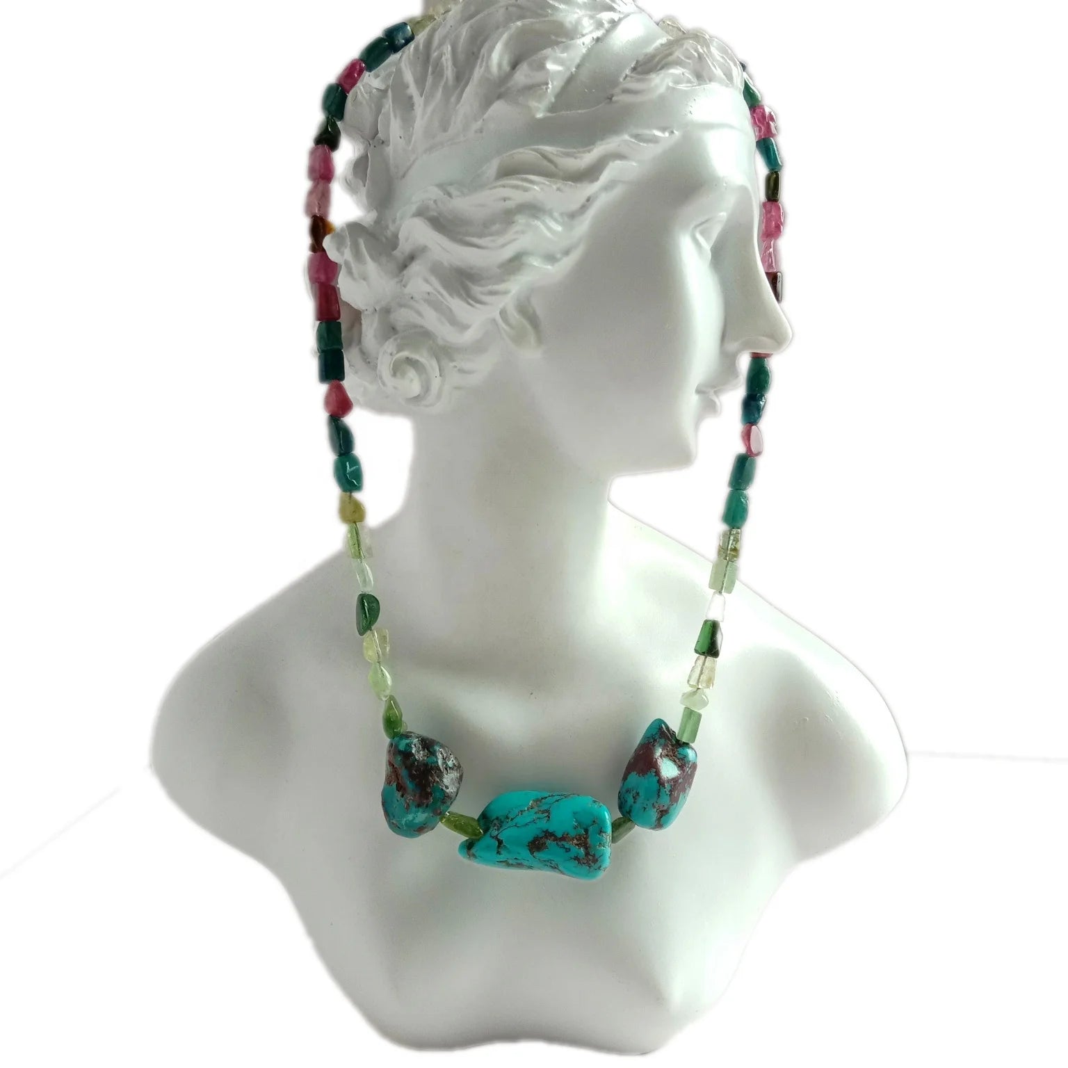 Natural Tourmalines and Turquoise  925 Sterling Silver Gemstone Necklace