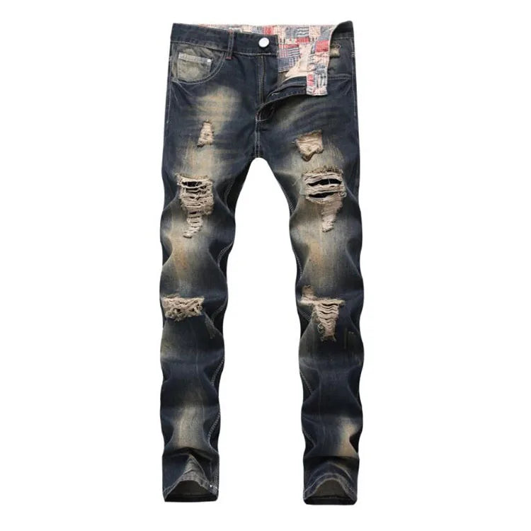 Hip Hop Patch Men Retro Jeans Knee Rap Hole Zipped Biker Jeans Men Loose Slim Destroyed Torn Ripped Denim Male Jeans