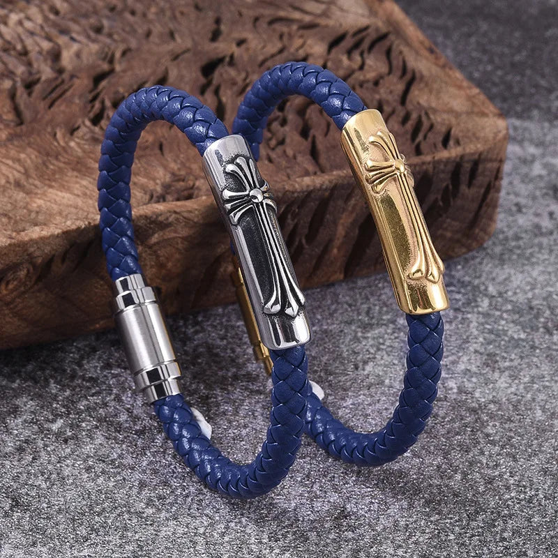 New Simple Design Stainless Steel Cross Clasp Real Genuine Leather Bracelet Men Bangle Jewelry RS-163