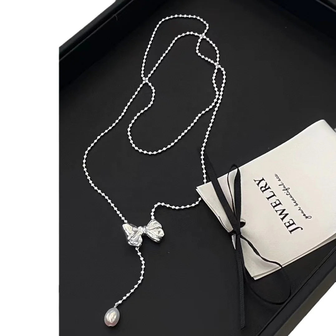 Autumn and Winter All Bow Sweater Chain Korean Simple Temperament Long Adjustable Natural Freshwater Pearl Necklace Female