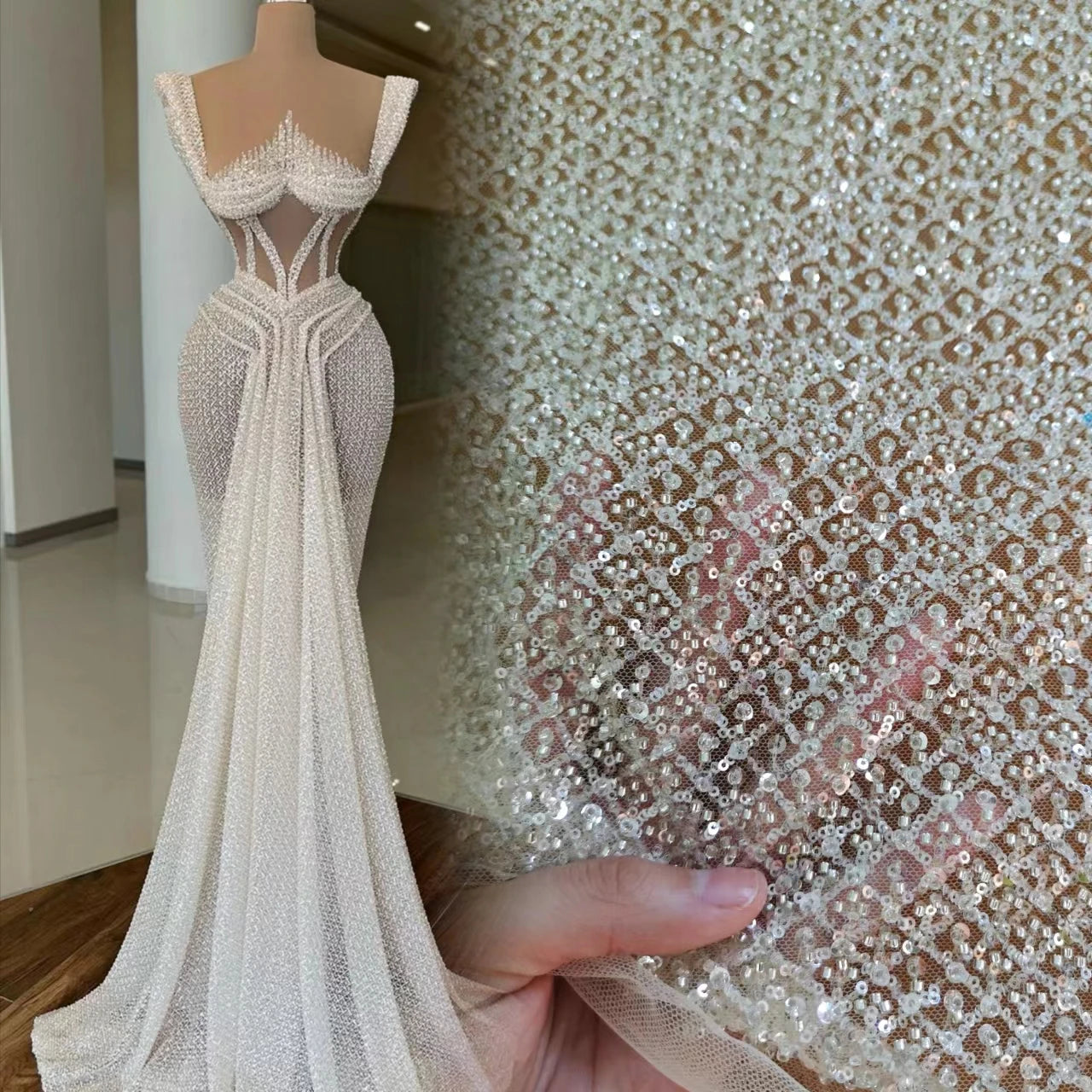 Top End Super Heavy Beaded Sequins White Super Shining French High Density Bridal Wedding Dress Fabric HY2179-3