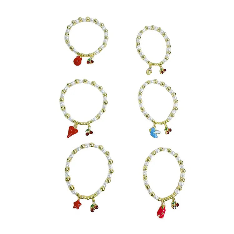 BB1062 Chic Delicate Tiny 18K Gold Plated Round Beads and Pearl Beaded Cherry and Enamel Mushroom Fruit Double Charms Bracelets