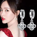 Korean Ladies Stud Clip on Eardrops Crystal Zircon Western Wedding Silver Flower Piercing Dangling Hoop Earrings Jewelry Women