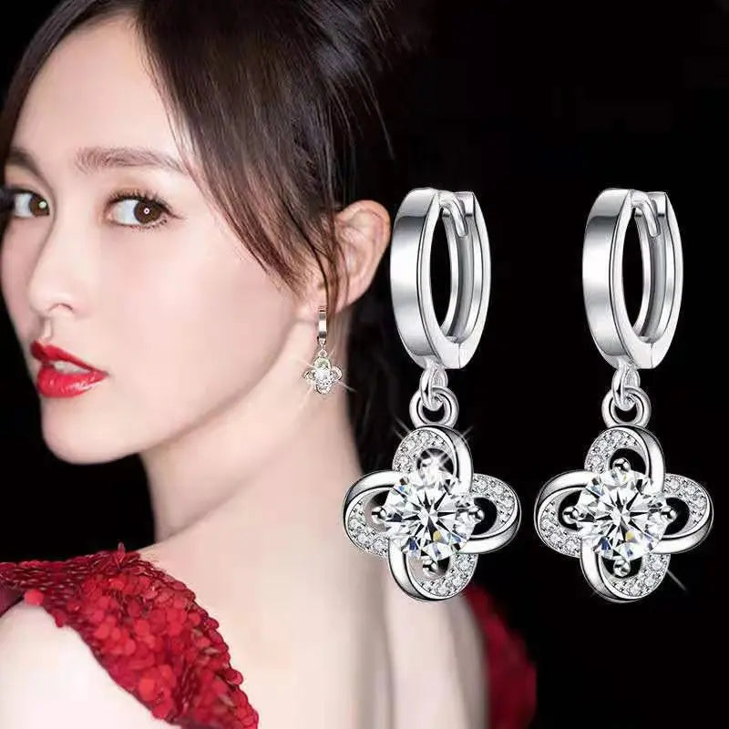 Korean Ladies Stud Clip on Eardrops Crystal Zircon Western Wedding Silver Flower Piercing Dangling Hoop Earrings Jewelry Women