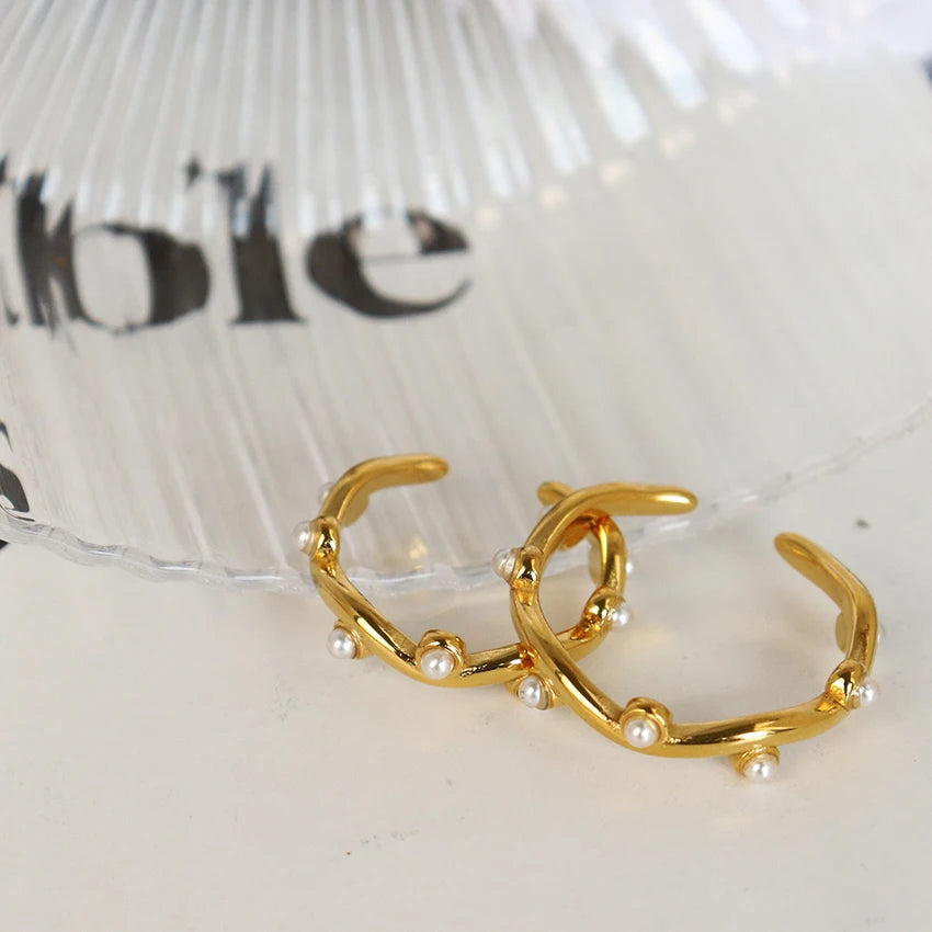 Vintage 18k Gold Plated Beaded Stacking Ring Stainless Steel Fashion Jewelry Leaf Branch Irregular Wave White Pearl Open Ring