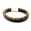 Genuine Twisted Black Brown Leather Natural Tiger Eye Lava Beads Stainless Steel Adjustable Bangle Bracelet for Men