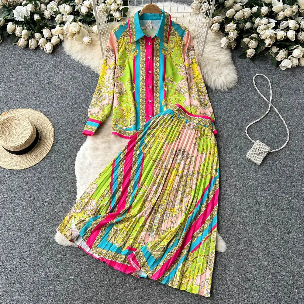 Ethnic Style Printed Long-sleeved Shirt Top 2024 New High-waisted Skirt Two Sets of Women