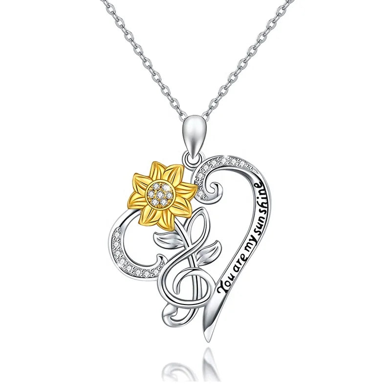 GP99 New Hot Selling 925 Sterling Silver You Are My Sunshine Sunflower CZ Heart Pendant for Necklace Women Jewelry