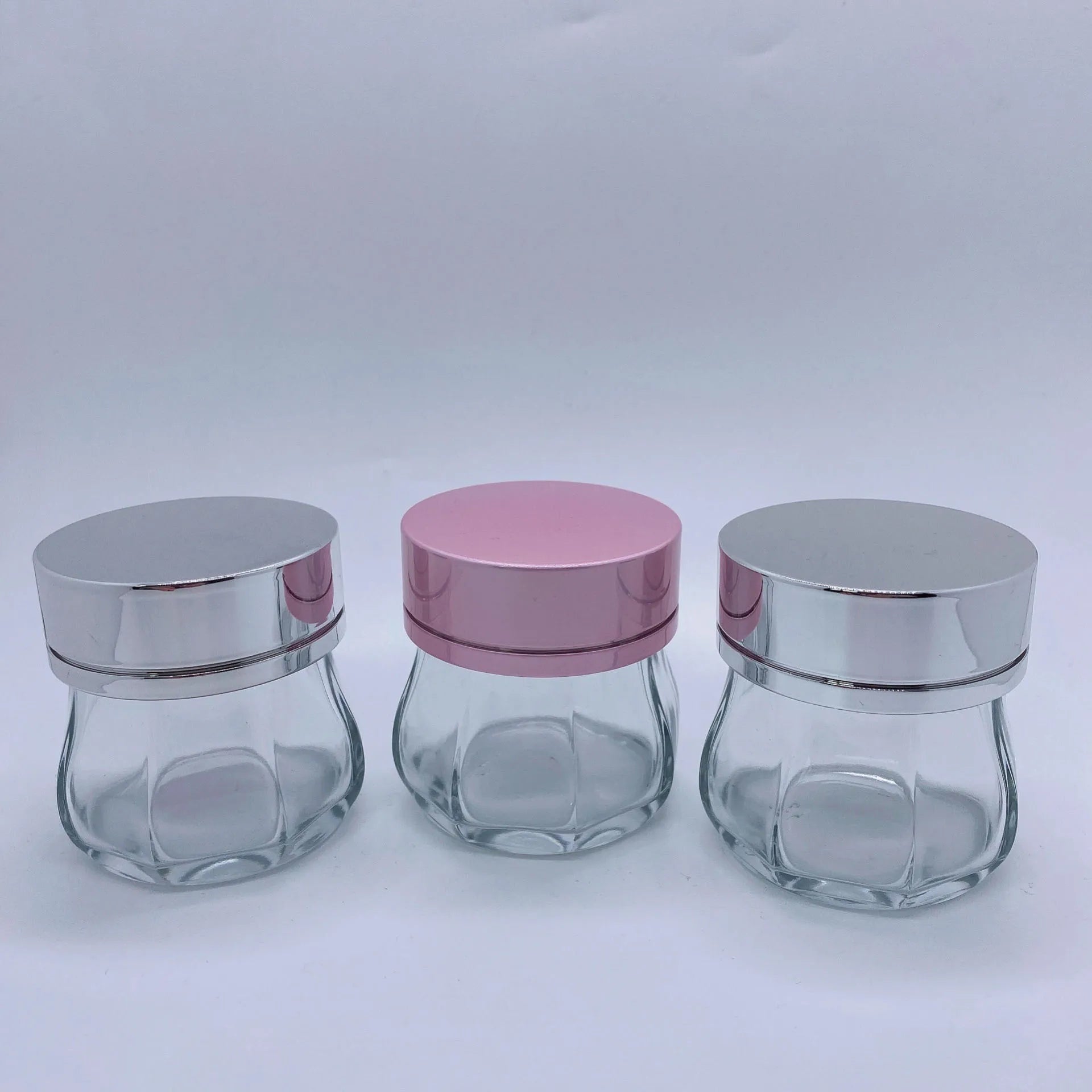 Customized Octagonal clear Body Cream Jar 100ml Big Jar Glass Container with Silver pink Cap