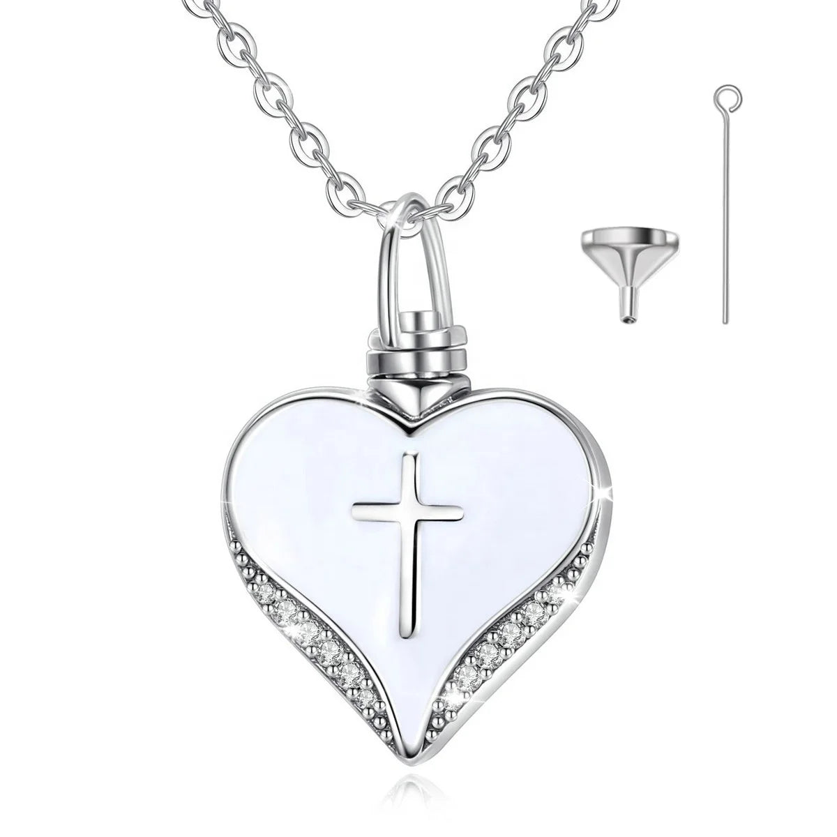 Heart Shaped Cross Pattern 925 Sterling Silver Pet Ash Memorial Cremation Jewelry Urn Pendant Necklace for Ashes