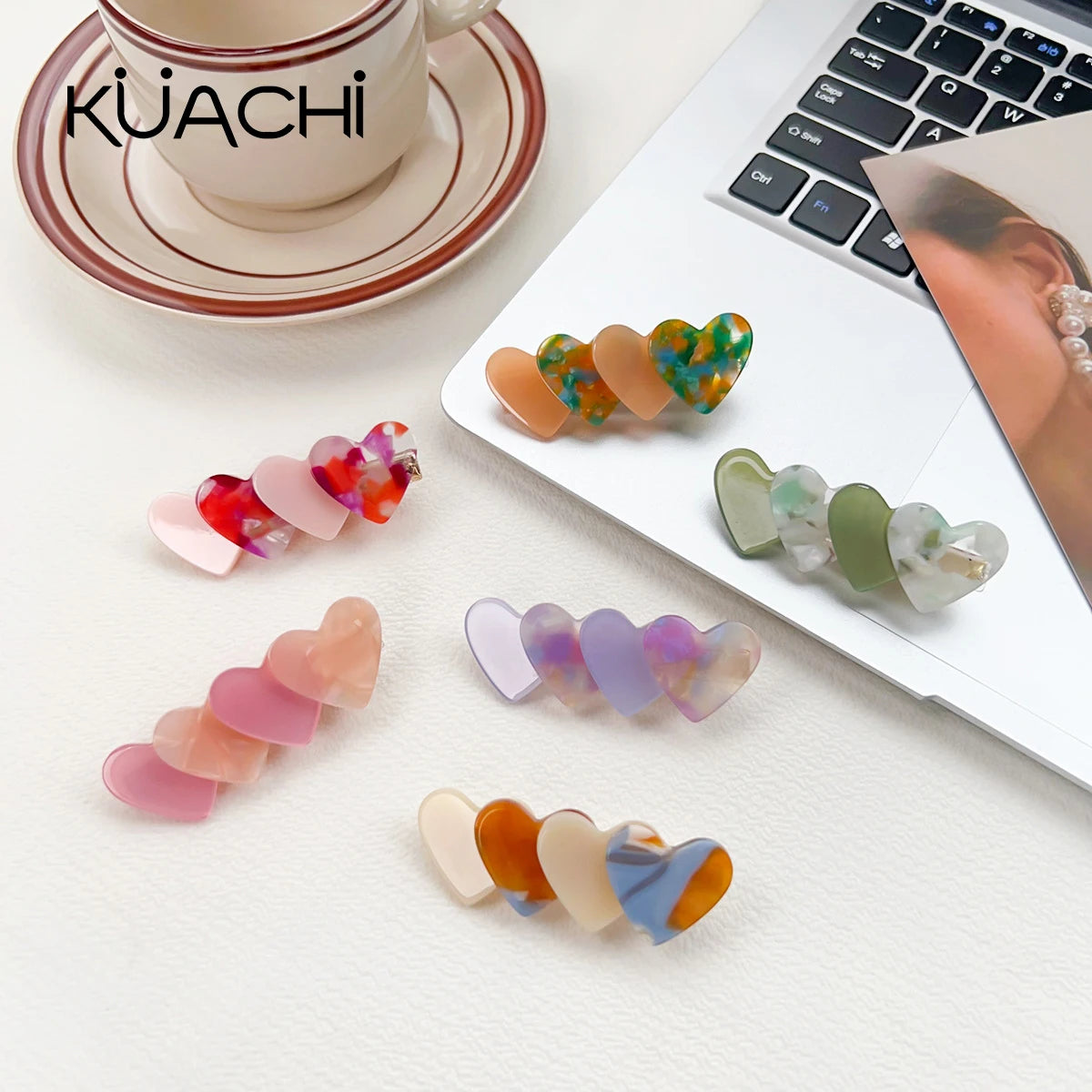 KUACHI Wholesale Korean Sweet Cute Acetate Hair Clip Heart Custom Girly Hair Clips Simple Hair Accessories