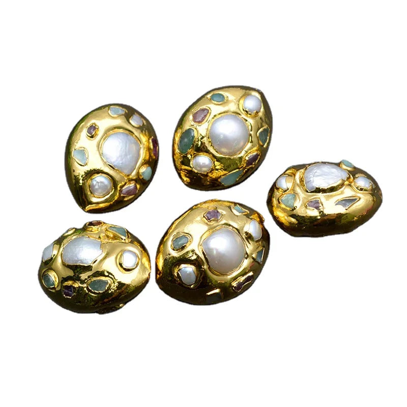 Jewelry Making Supplier Natural FreshWater Pearl Tourmaline Clay Gold Plated Oval Shape DIY Stone Beads