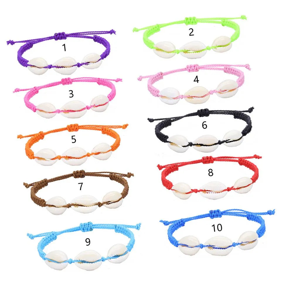 10 Colors Handmade Boho Hawaiian Summer Beach Cowrie Shell Ankle Bracelet Adjustable White Natural Sea Woven Shell Bracelet