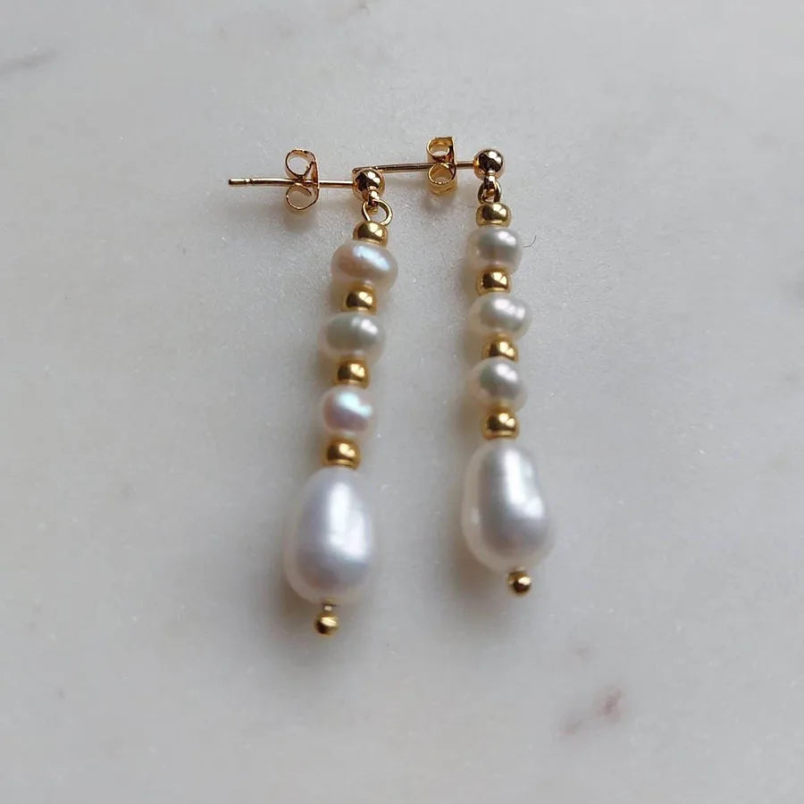 French Vintage Elegant 18k Gold Beads Freshwater Pearl Beaded Drop Earrings