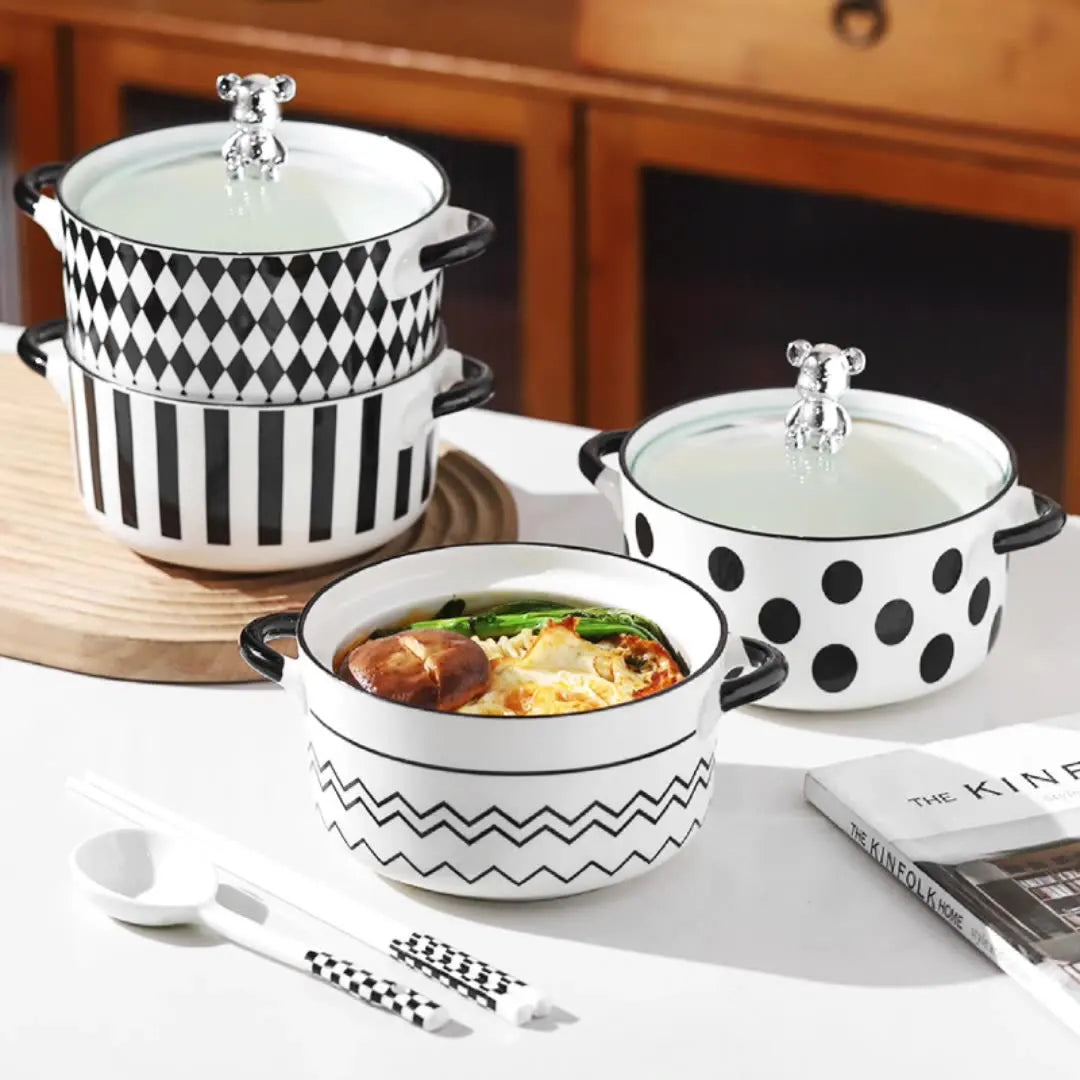 French Hepburn Light Luxury High-looking Cute Bohemian Eco-Friendly Ceramic Instant Noodle Bowl Silver Bear Glass Lid Bowl