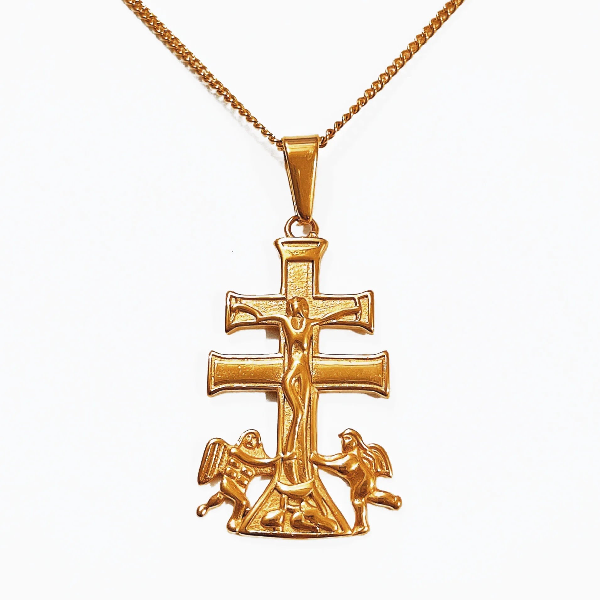 Vintage 48mm Caravaca Crucifix Cross Pendant with Cherub Angel Stainless Steel 18k Real Gold Religious Crucifix Cross Jewelry