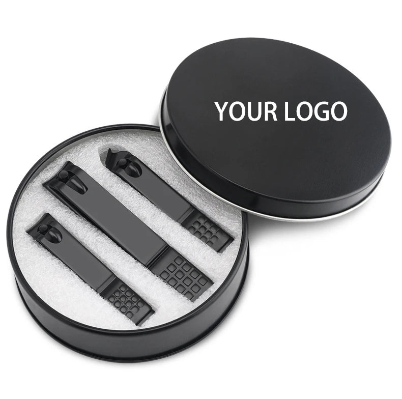 Custom Logo Nail Clippers Set Black Matte Stainless Steel 3 Pcs Slant Edge Toenail Clipper Cutter Manicure Pedicure Kit