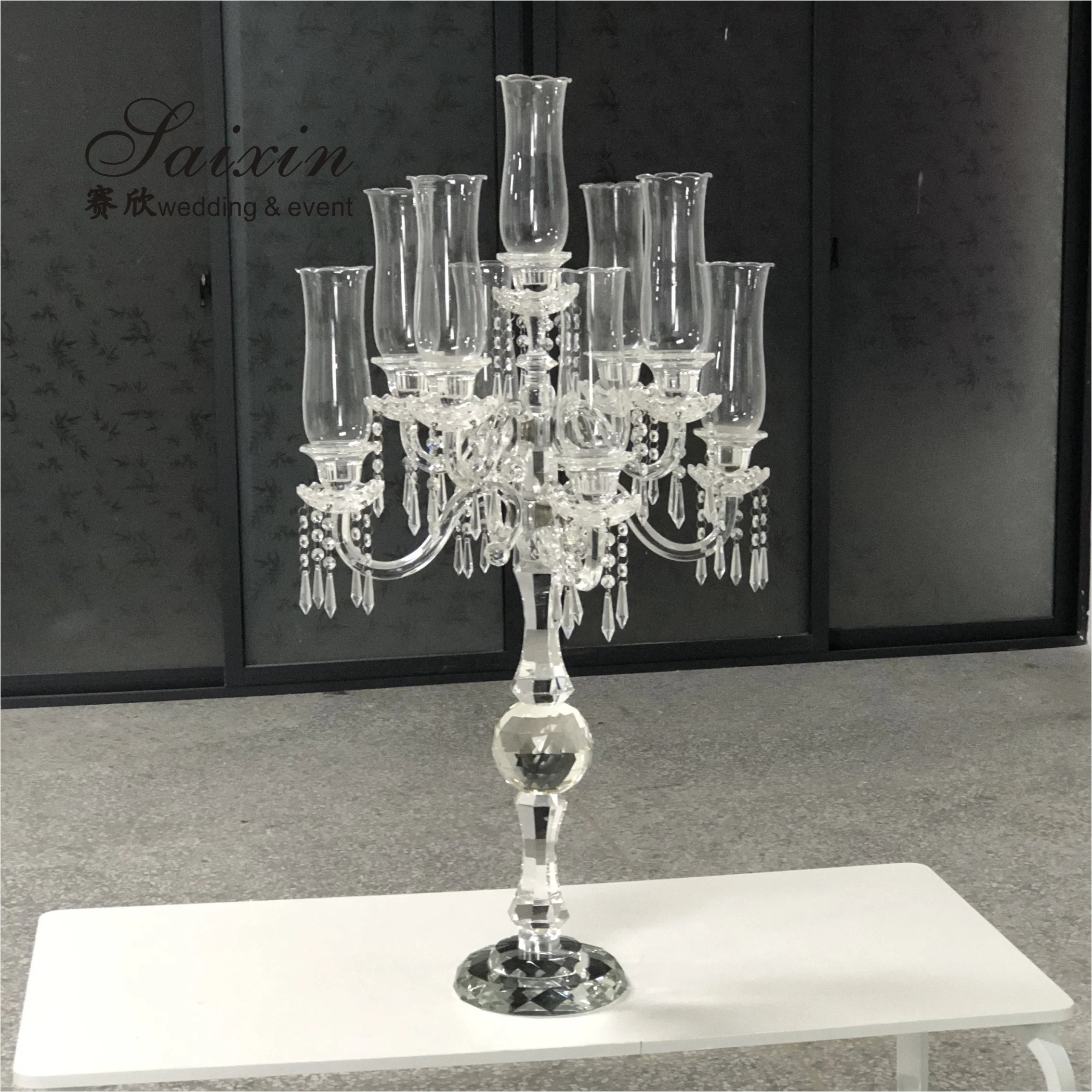Saixin Crystal 9-Arm Candelabra Candle Holder Factory Wholesale Glass Lantern for Wedding & Home Decor