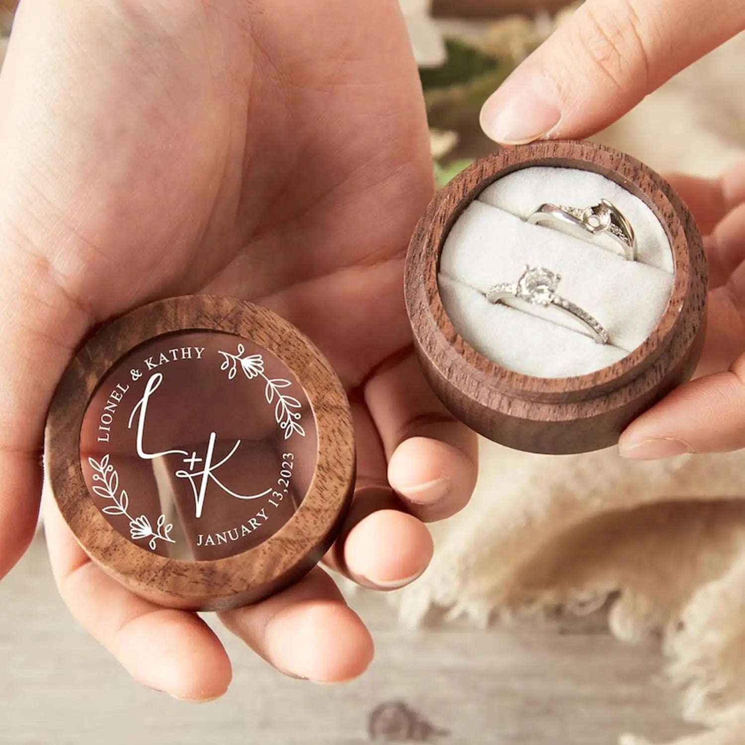 Wedding Ring Box Personalized Double Ring Boxes for Ceremony Engagement Custom Wooden Mini Round Ring Holder Elegant