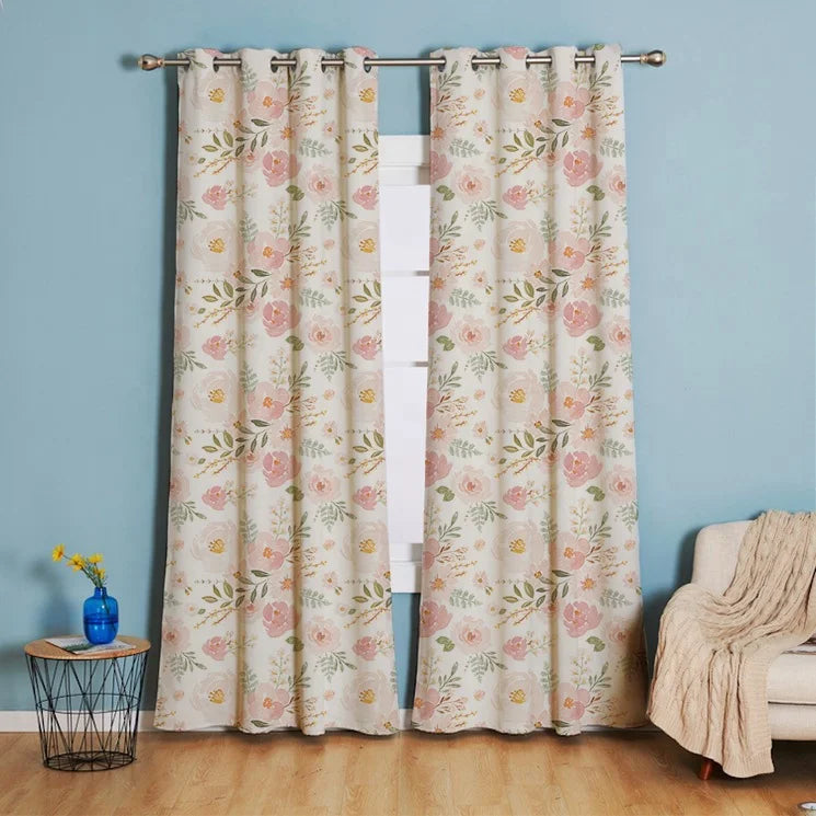 European Pastoral Style Floral Ink Painting Digital Printing Curtains Polyester Flowers Leaf Pattern Blackout Curtains