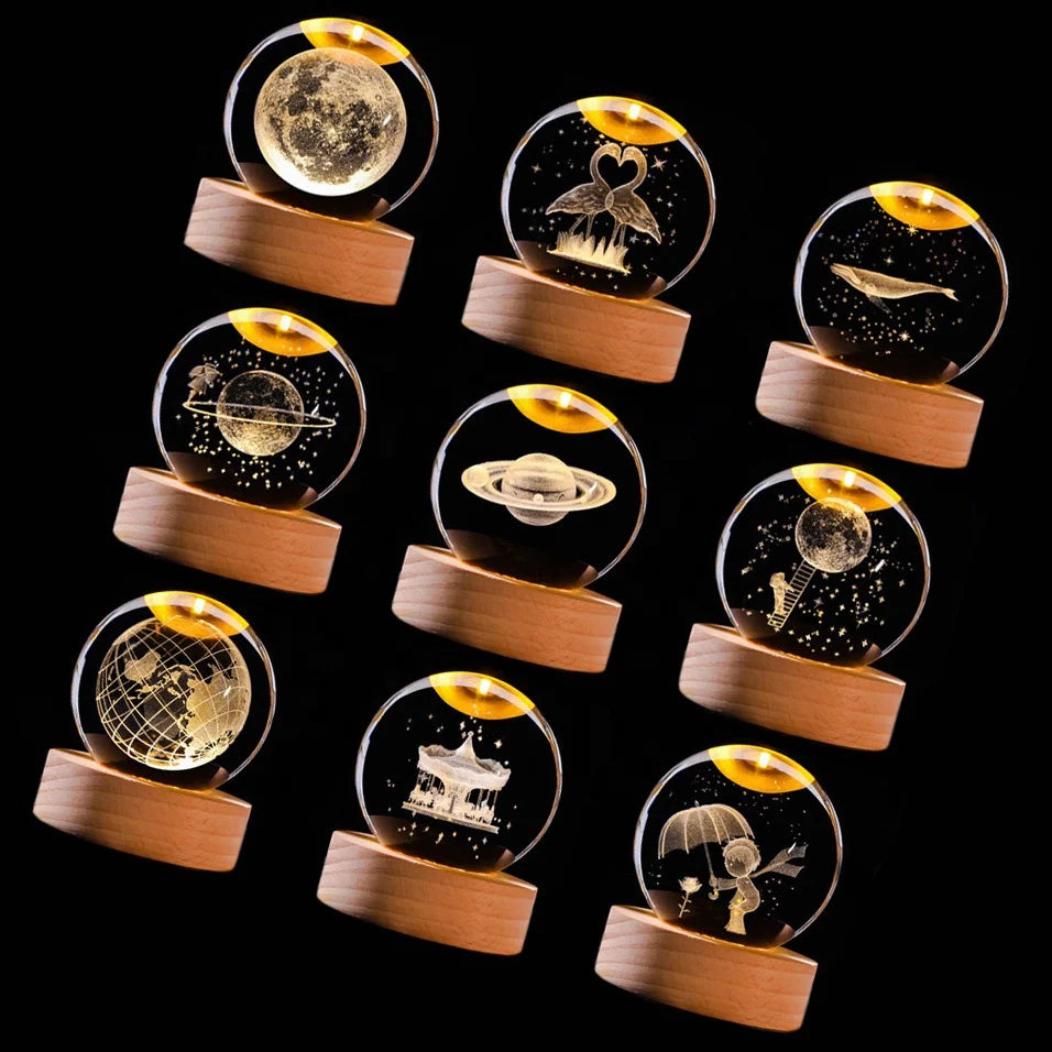 Wholesale 60mm 3D Solar System Galaxy Engraved 3D Laser Crystal Ball With Led Lighting Wood Base