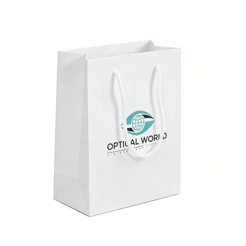 Custom Matte Lamination White Paper Shopping Bags with Twisted Rope Handles for Optical Eyewear Optometry Store Retail Packaging