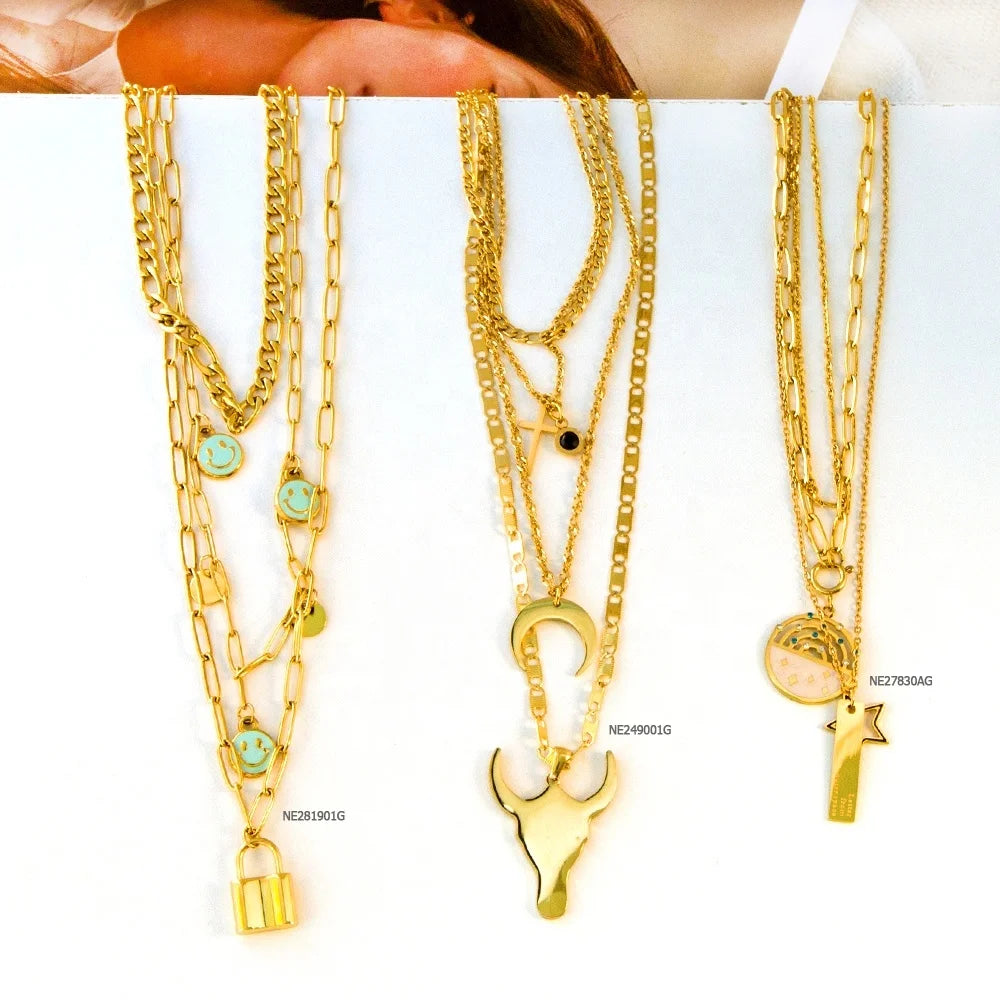 2022 New Arrival Hypoallergenic 18k Gold Pvd Gold Plated Jewelry Stainless Steel Multilayer Layered Necklace for Women